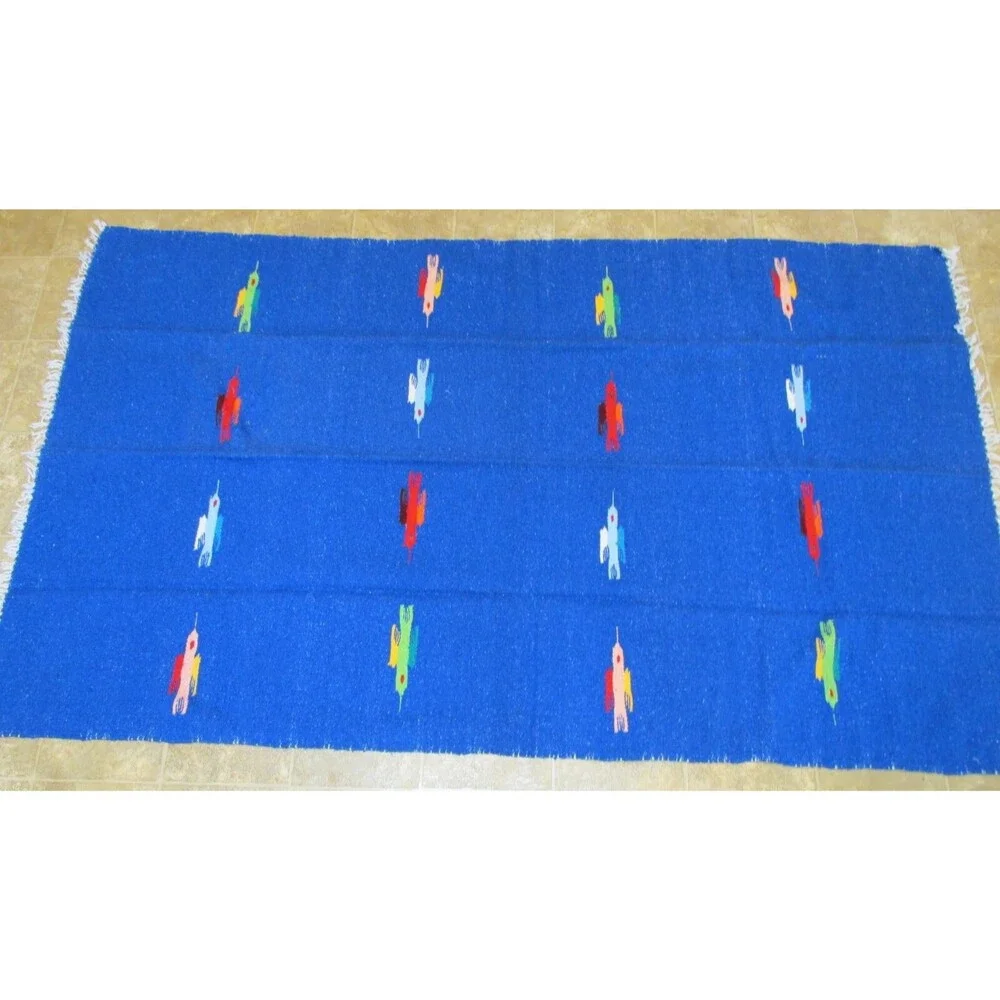 Vtg Mexican Blanket Go Londrina thunderbird  knit artisan Handwoven Blue Rug